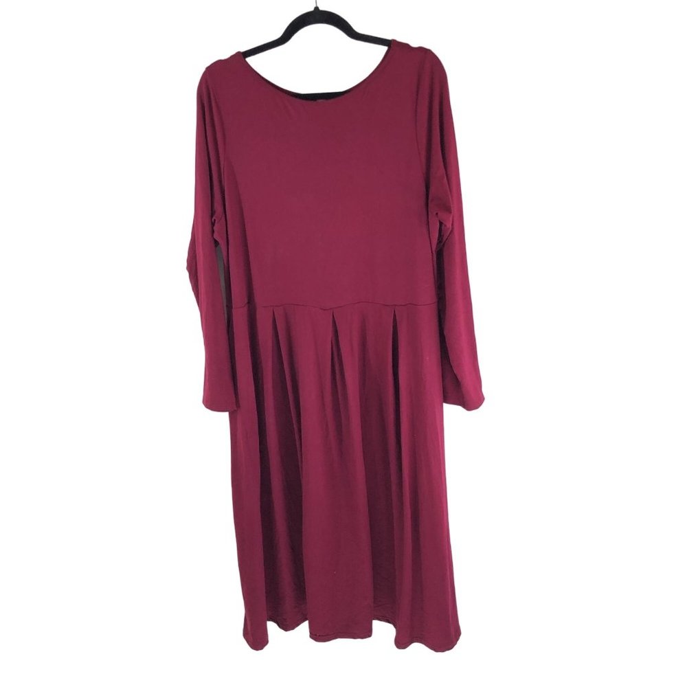 24Seven Dress A Line Pleated Long Sleeve Scoop Neck Knit Stretch Red 1X